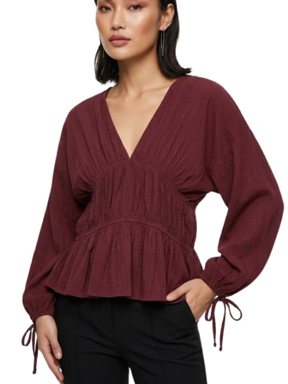 FAVLUX Balloon Sleeve Plunge Peplum Blouse